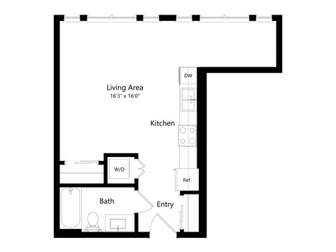 Floor plan for studio, 2 baths, 505 sqft